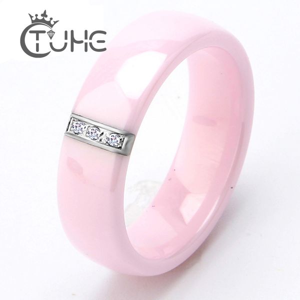 

6mm pink ceramic ring for women cubic zircon stainless steel 2021 jewelry fashion party time romantic wedding, Silver