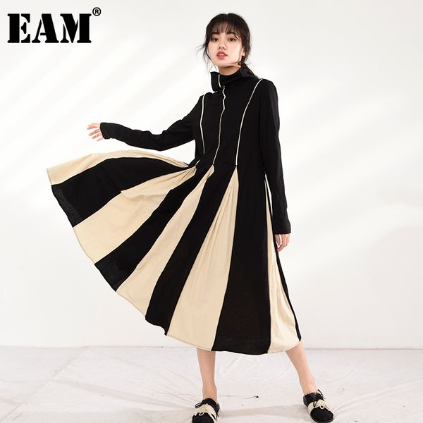 

[eam] women contrast color black long dress turtleneck long sleeve loose fit fashion autumn winter 1dd215301 21512, Black;gray