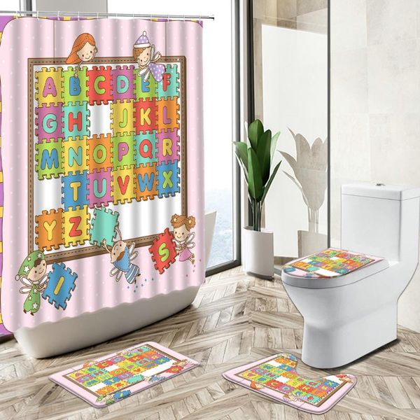 

fun letter printing shower curtain set cartoon children angel animal baby bathroom decoration non-slip rug toilet cover bath mat curtains