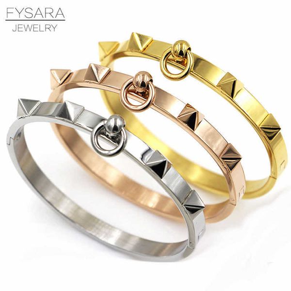 

fysara fashion jewelry punk stainless steel rivet bangle pyramid rose gold bracelets & bangles bracelets for women q0717, Black