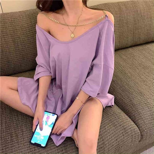 

big backless strapless chain decoration t-shirt spring fashion 210520, White