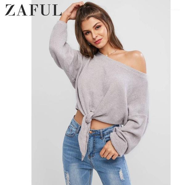 

women's sweaters zaful self-tie batwing sleeve sweater skew collar full sleeves drop shoulder loose pullovers daily autumn casual 1, White;black