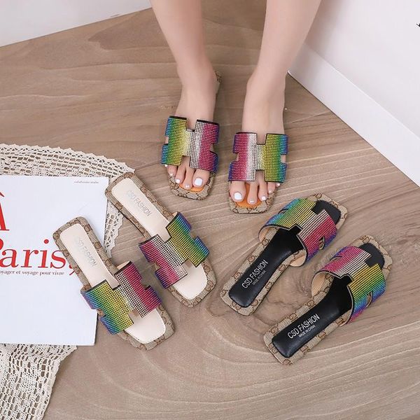 

summer women sandals flat open toe outdoor fashion sweet crystal slippers beach shoes plus size 42 flip flops womens slides, Black