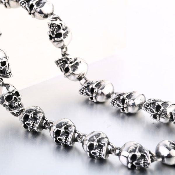 

heavy men stainless steel necklace skulls chain punk rock style with a velvet bag, Silver