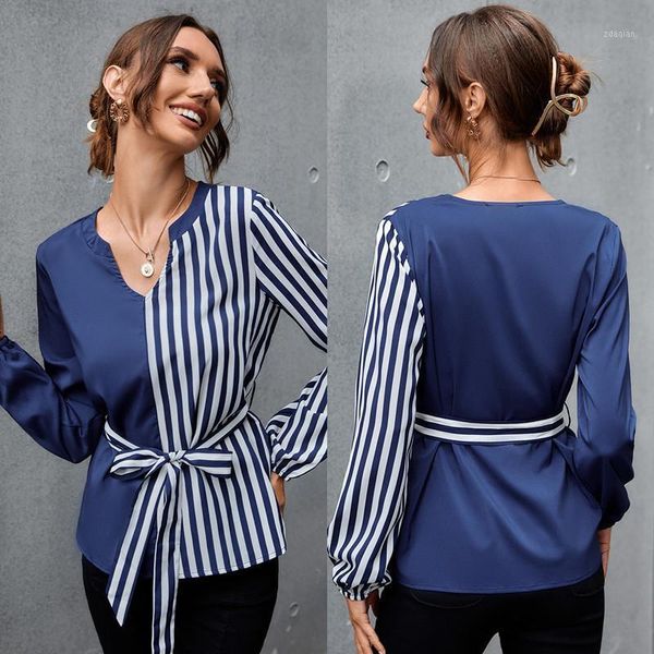 

women's blouses & shirts bikoles spring autumn v neck long sleeve shirt 2021 fashion belt tunic stripes print chiffon ladies, White