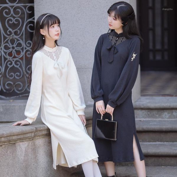 

casual dresses winter embroidery sweet bow long sweater dress women lantern sleeve lace patchwork warm jumpers female elegant knitted, Black;gray