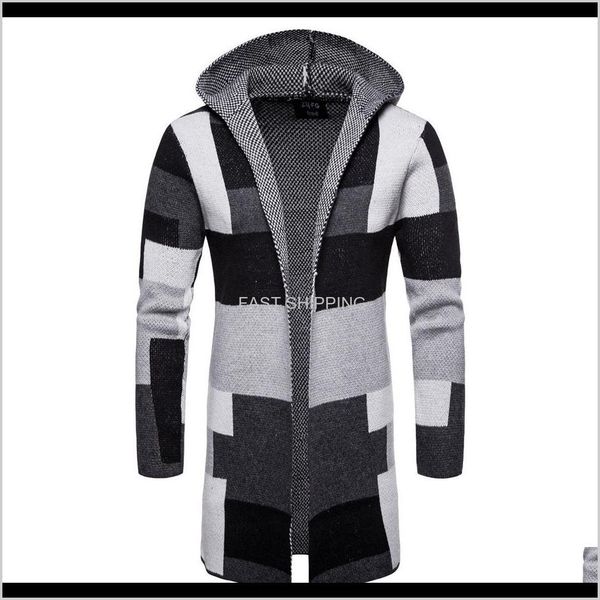 

wool blends outerwear apparel mens casual open front long color block sweater winter warm patchwork coats cardigan hooded knit coat fa, Black
