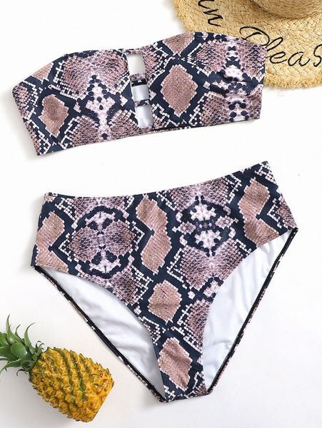 

plus snakeskin print bandeau bikini swimsuit t150#, Black