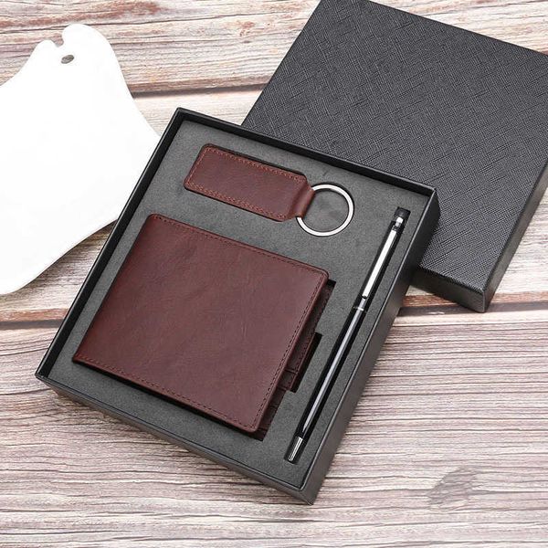 

selling men's wallet leather leather wallet gift set, Black