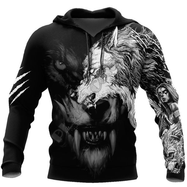 

wolf men s 3d printing hoodie visual impact party punk gothic round neck american sweater hoodie, Black