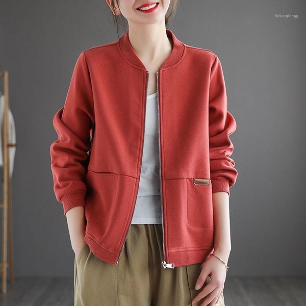 

women's jackets women 2021 spring autumn fashion loose zipper coats female middle-aged overcoats ladies solid color baseball uniform w1, Black;brown