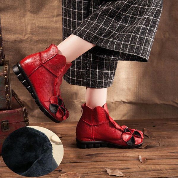 

boots autumn and winter national style short women's flat bottomed leather pure hand soft sole comfortable shoes, Black