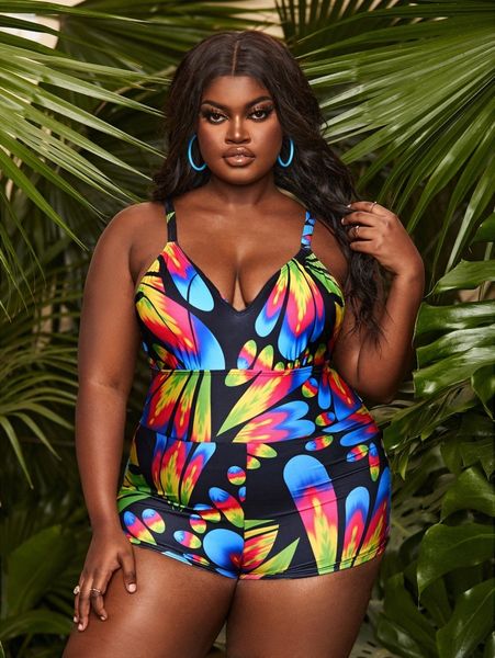 

plus allover print one piece swimsuit u4q3#, Black