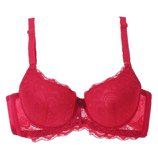 

bras ladies lace embroidered push up for women bow solid color 3/4 cup underwear underwire brassiere bh grote maat, Red;black