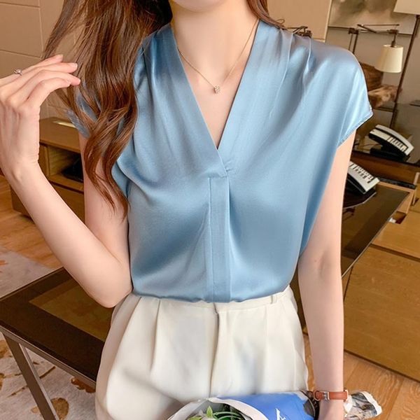 

women's blouses & shirts short sleeve white blouse silk v-neck chiffon shirt women blusas mujer de moda