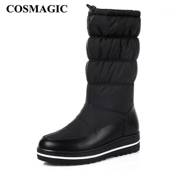 

boots cosmagic 2021 winter women mid calf snow waterproof non-slip keep warm round toe plush inside wedge long boot1, Black