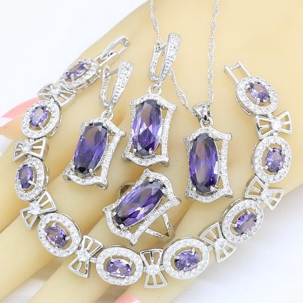

wedding jewelry sets geometric purple zircon 925 silver for women necklace pendant earrings rings bracelet gift box, Slivery;golden