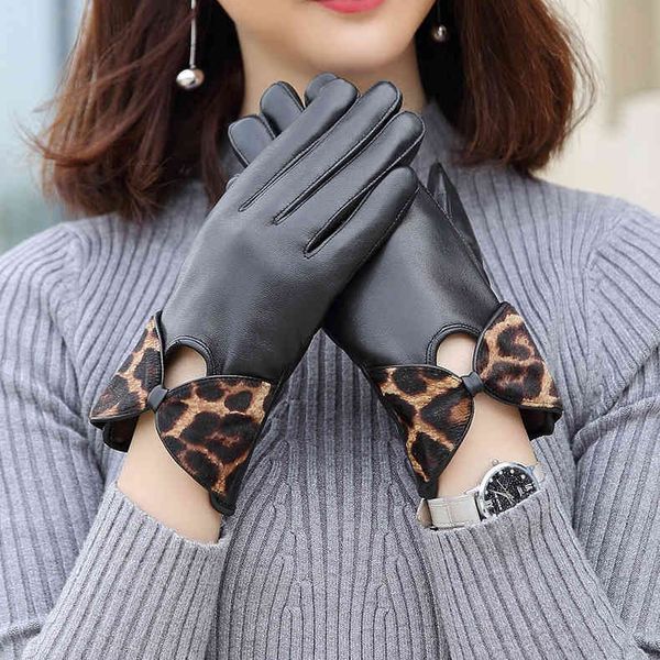 

gloves women' leather leopard bow warm sheepskin for driving in winter, Blue;gray