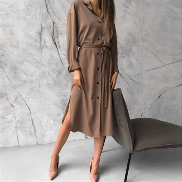

vintage turn down collar shirt women dress button pocket sashes mid calf arrival autumn fashion, Black;gray