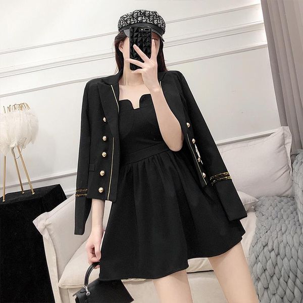 

two piece dress [ewq]2021 spring wrap chest black suspender dress+full sleeve ladies blazer coats trendy jacket korea 2 set qz306, White