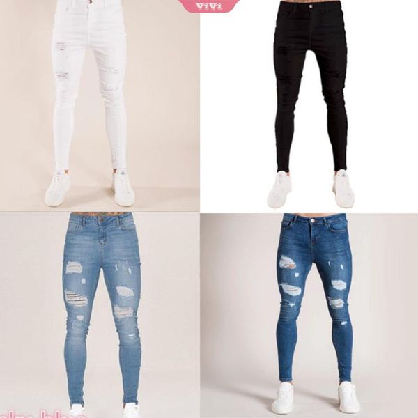 

men's jeans pants autumn ripped high waist zipper stretch casual slim trousers pencil denim skinny, Blue