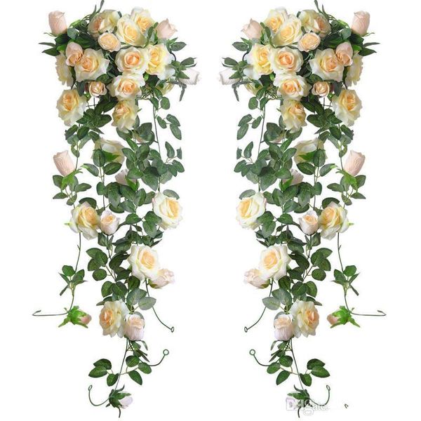 

6.5ft artificial rose vine silk flower garland hanging baskets rattan home outdoor wedding arch garden wall decor decorative flowers & wreat