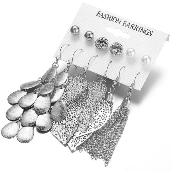 

stud 6 pairs of plate pearl earrings set hollow leaves woven nepal national wind for party wedding, Golden;silver