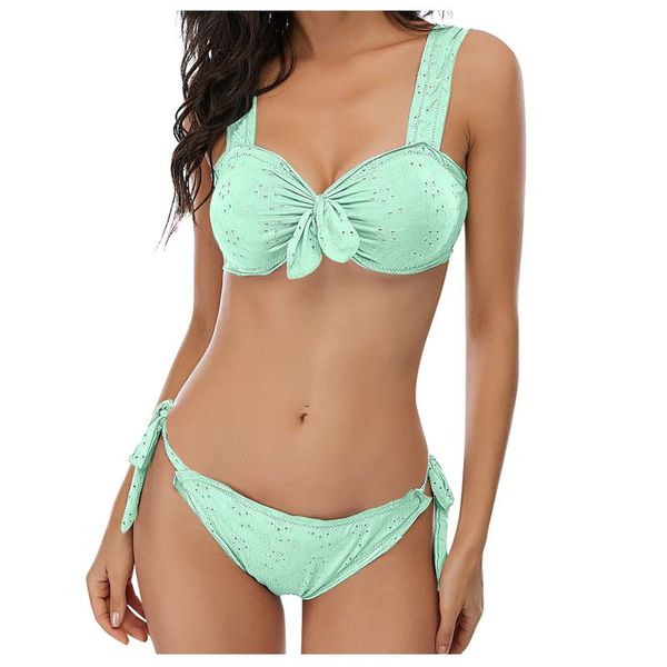 

women's swimwear bikini 2021 solid color bowknot bandage split swimsuit bathing suit women tankini#6, White;black