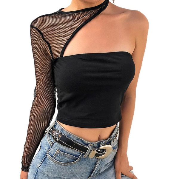 

women's tanks & camis black crop mesh one shoulder bluse wrap chest fashion skinny t-shirts irregular net yarn perspective summer, White