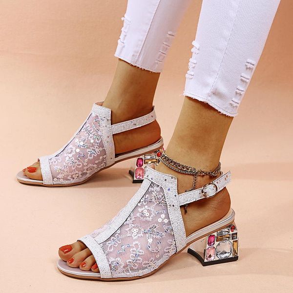 

sandals 2021 fashion women's summer female shoes mesh embroidered solid outer wear shallow crystal square heel slides, Black