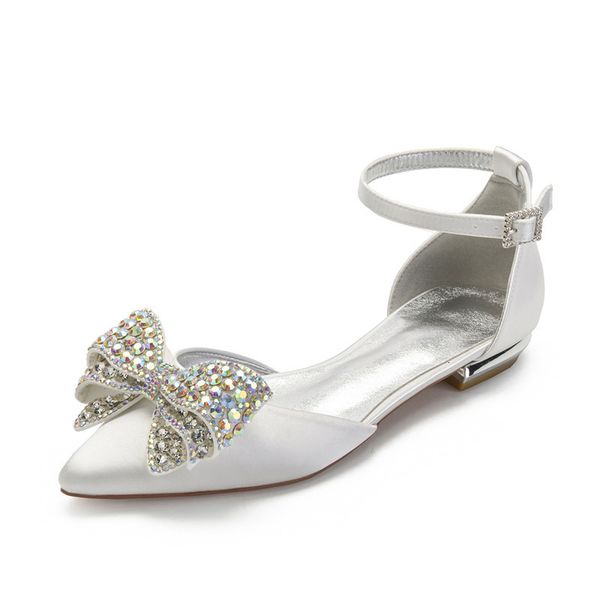 

sandals satin crystals bowknot wedding flat shoes for bride pointed toe ankle buckle strap bridal bridesmaid dress sskd, Black