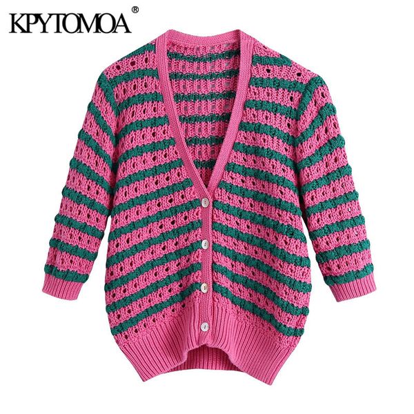 

women fashion striped cropped knitted cardigan sweater vintage v neck short sleeve female outerwear chic 210416, White;black
