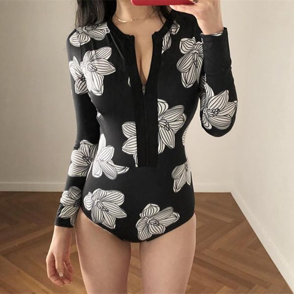 

one-piece suits long sleeve rash guard women floral print swimsuit zipper swimwear black surfing suit high neck diving push up bathing