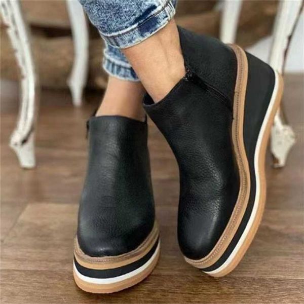 

plus size winter wedges women boots comfortable ankle boots shoes round toe 4cm heel lace up and zip thicken botas de mujer 211103, Black