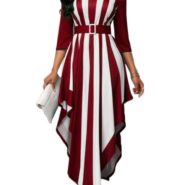 

70% off outlet online apparel dress women summer stylish neck 3/4 sleeve vertical stripes irregular hem belt long party, Black;gray