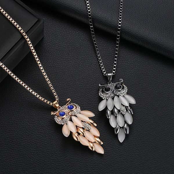 

fashion trend new women's creative long owl necklace opal exquisite sweater chain, Silver