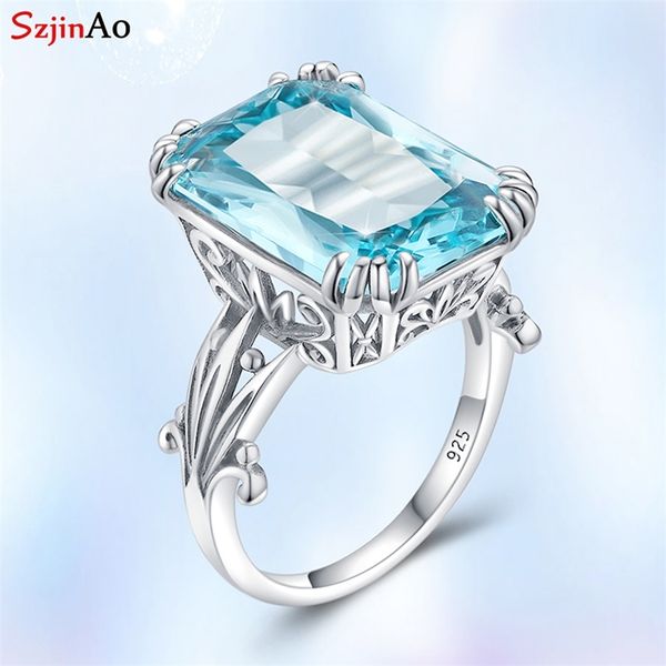 

szjinao real 925 sterling silver aquamarine rings for women sky blue z ring gemstones 925 jewellery christmas gift 211217, Slivery;golden