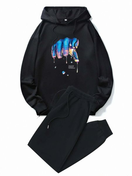 

men hand & letter graphic drawstring hoodie & solid sweatpants 06hg#, Gray