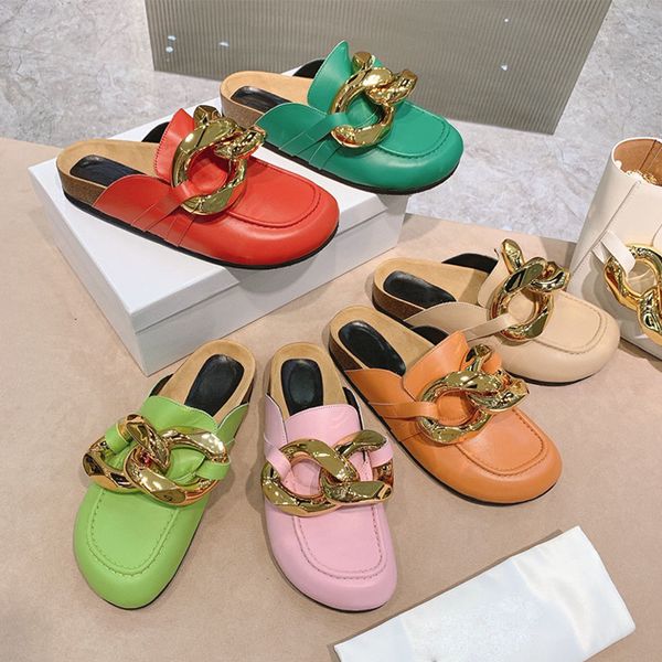 Luxurys Designers Shoes 2021 Baotou Chinelos Sandálias de Metal Cadeia de Metal Wear Womens Lazer