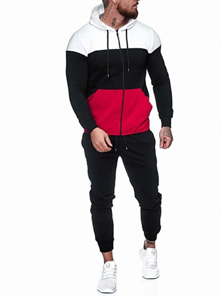

men color block drawstring hoodie & contrast side seam sweatpants h8tt#, Gray