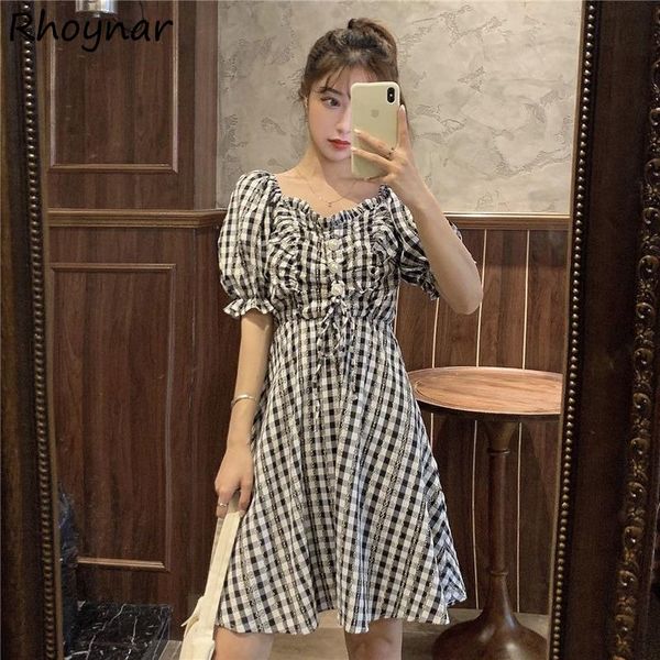 

casual dresses dress women summer retros french tunic fairy plaid shirring fashion sleeve baggy harajuku elegant sundress ins, Black;gray