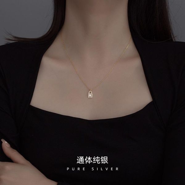

chains silver necklace locks contracted temperament ins cold wind set auger niche design small chain lock collar bone