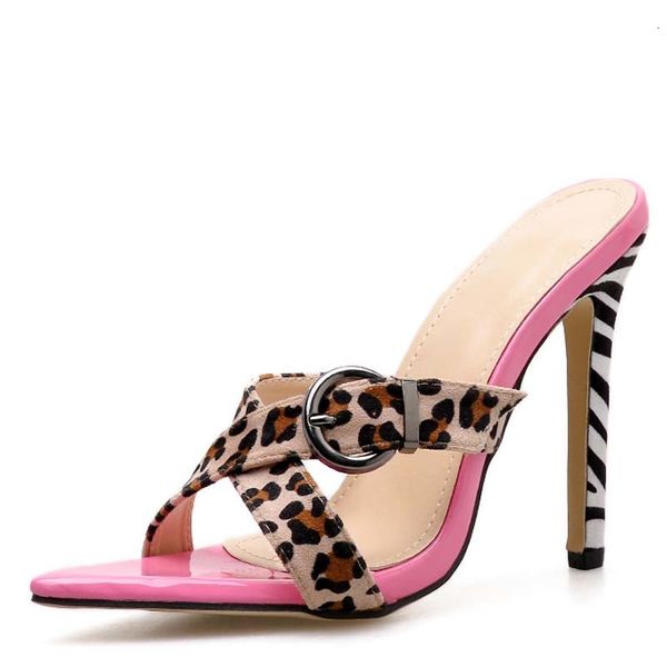 

sandals pink leopard slippers summer dress woman print stiletto heels buckled toe women shoes wkn2, Black