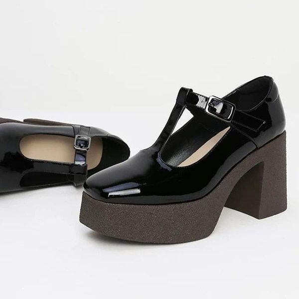 

dress shoes 2021 arrives 100% genuine leather square high heels platform black woman t-strap party wedding size 34-39