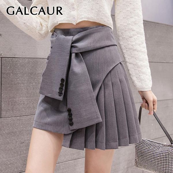 

skirts galcaur patchwork irregular pleated skirt for female high waist asymmetrical bandage autumn women clothes fashion 2021, Black