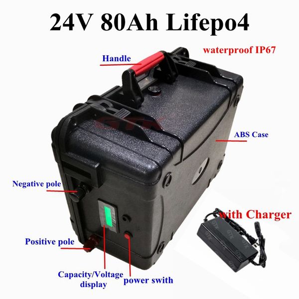 Batteria al litio 24V 80Ah Lifepo4 con display di tensione/percentuale della valigia impermeabile per moto elettrica per barche + Caricabatterie 10A