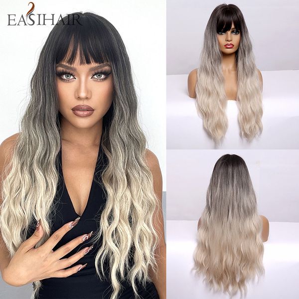 

long dark brown light blonde ombre synthetic wigs for women hair wigs with bangs daily wigs heat resistant cosplay, Black