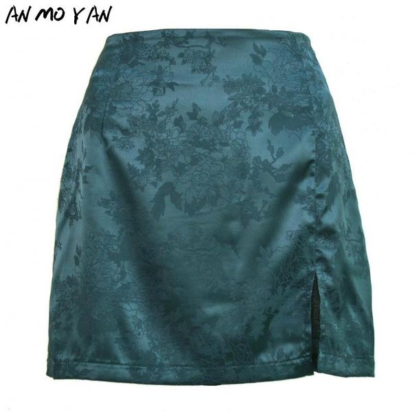 

summer women's european and american style hem slit short skirt jacquard satin high waist zipper skirts, Black