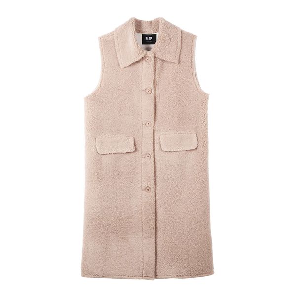 

women lambswool white khaki green turn down collar sleeveless vest loose pocket c0492 210514, Black;white