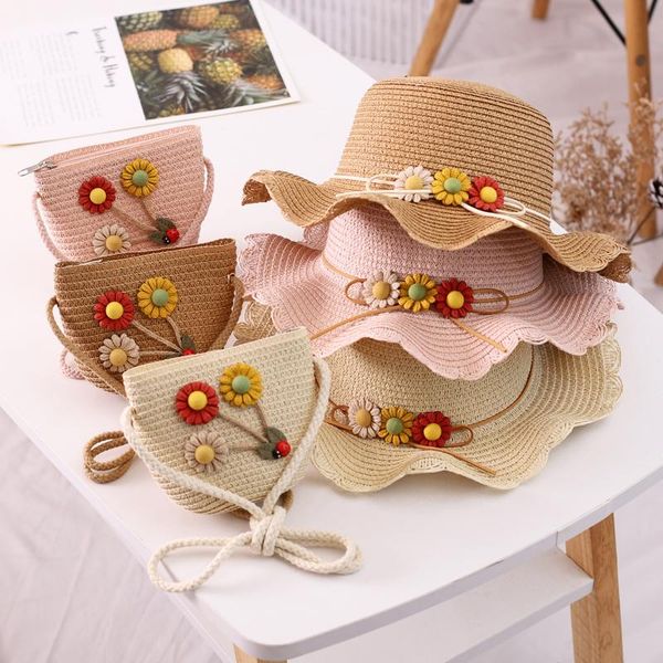 

2pcs/set baby flower summer hat for girls straw with handbag kids boy sun visor uv protection panama beach gorras caps & hats, Yellow